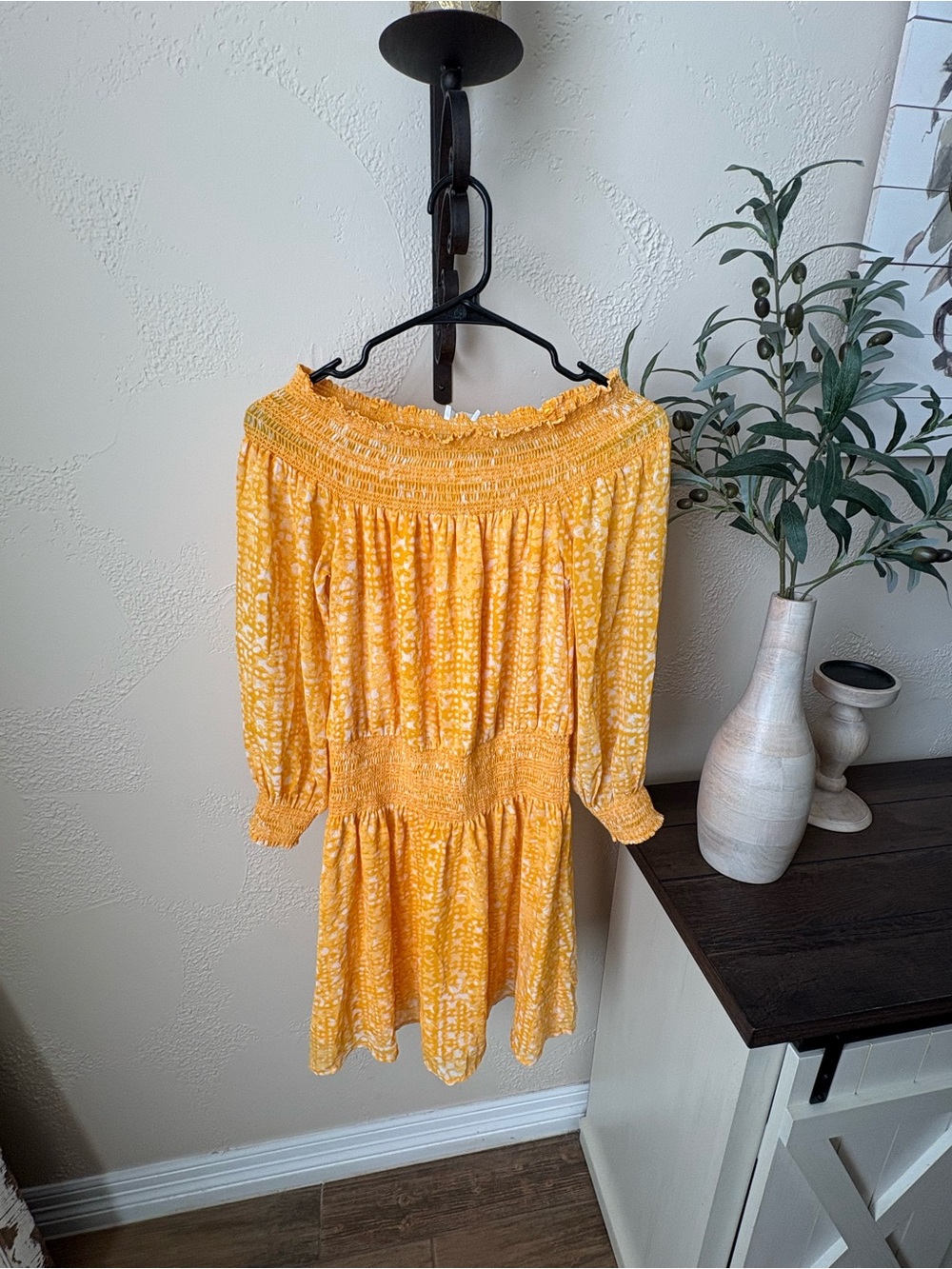 Michael Kors Smocked Off-Shoulder Long Sleeve Yellow Printed Dress